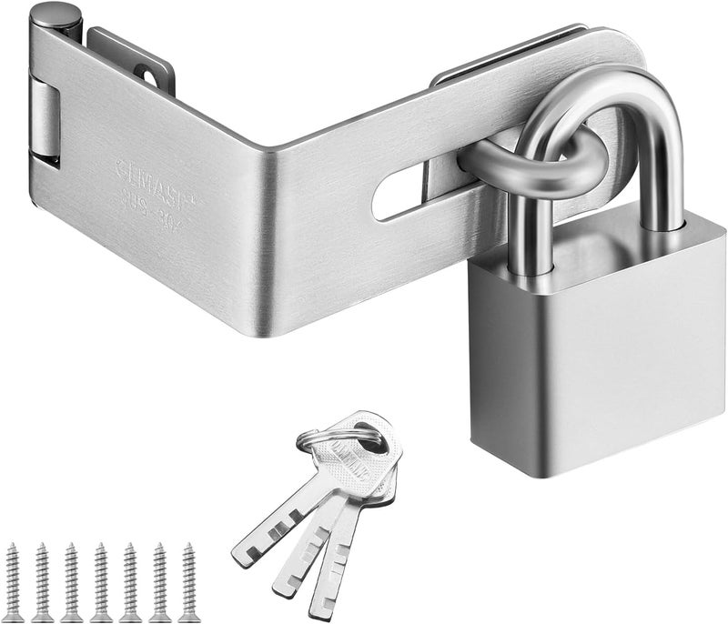 GMSP Door Lock Hasp Latch, 90 Degree Solid 304 Stainless Steel File Cabinet Hasp Lock Latch, Extra Thick Gate Lock Hasp Padlock with Keys Brushed Finish (2.24 Inch, Silver) - Image 1